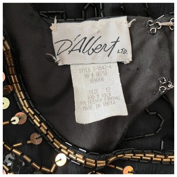 Vintage 80s 100% Silk Beaded Sequin Black Gold Cocktail Dress M/L Deco Flapper - Picture 13 of 15